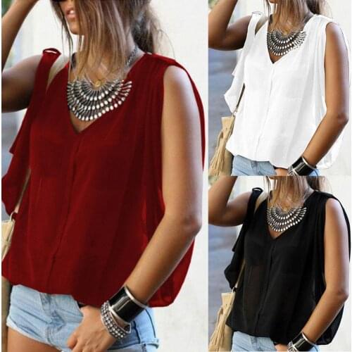 2XL Women Top Summer Solid Color Sleeveless V Neck Casual Loose Blouse Shirt Top Vest Fashion Clothing Women Shirts