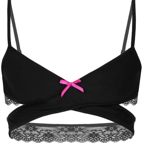 Mens Sissy Bra Top Pink Lace Gay Underwear Lingerie Adjustable Spaghetti Straps Wire-free No Padded Bralette Sissy Gay Male Bra