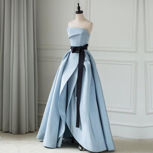 Eleagnt Blue Satin Evening Dress Draped Long Prom Gowns