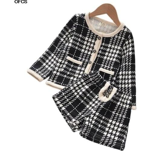 2021 New Girl Suit Top+Shorts 2pcs Kids Clothing Set Autumn Winter Girl Clothes Plaid Elegant Children Clothing Outfit 2-7Y Old