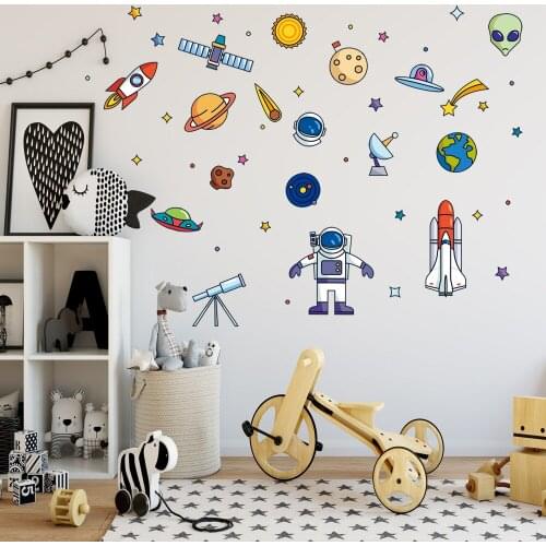 Space Astronaut Wall Stickers for Kids Room Boy Room Decoration Planets Wall Decals Decorative Stickers Bedroom Mural Wallpaper