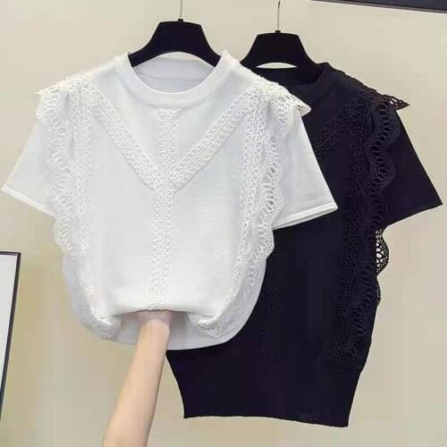 GGRIGHT Lace Tshirt Women Hollow Out Black Loose Short Sleeve T Shirt Woman Clothes Knitted 2021 Summer Tops Tee Shirt Femme