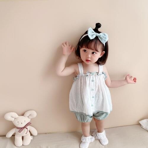 Summer Infant Clothing Sets Newborn Girls Buttoned Sleeveless Sling Top+bloomers+headband 3pcs Suit Kids Girl Cotton Clothes Set
