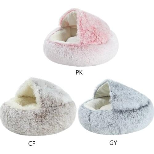 Round Plush Burrowing Cave Hooded Cat Bed Indoor Sleeping Nest Kitten Cuddler House Hut Pet Cushion Tent