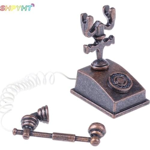 Hot Selling 1:12 Miniature Phone Model Alloy Vintage Retro Rotary Telephone Dollhouse Decoration Accessories High Quality