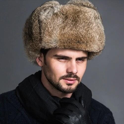 Faroonee Male Mens Winter Warm Fur Bomber Hats Black Brown Solid Thicken Earflap Caps Leifeng Snow Hats Ear Warmer