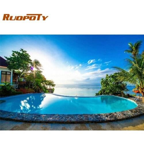 RUOPOTY Swimming Pool Blue Sky Landscape Painting By Numbers Adults Paints Kits Framed Oil Unique Diy Gift Coloring Canvas Wall