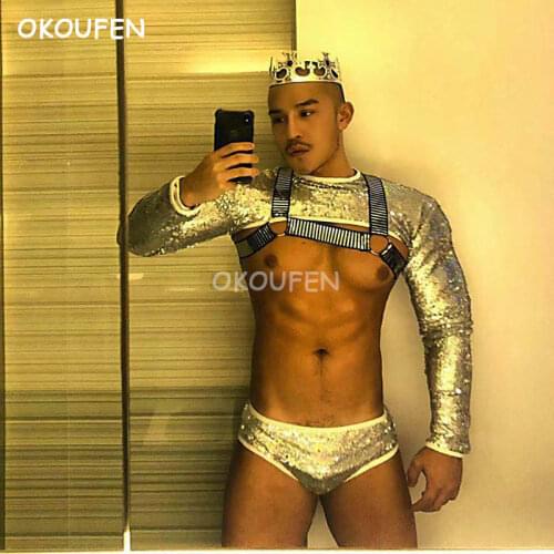 Nightclub bar Male Singer Dj Lead dancer Costumes Illusion Silver Muscle fitness Mens Colorful Set Stage Costumes