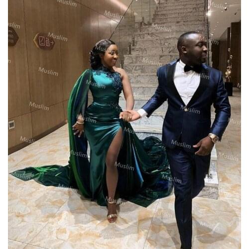 Sexy Hunter Green Mermaid Prom Dresses For African With High Slit High Neck Elastic Satin Kaftan Dubai Evening Dresses Plus Size