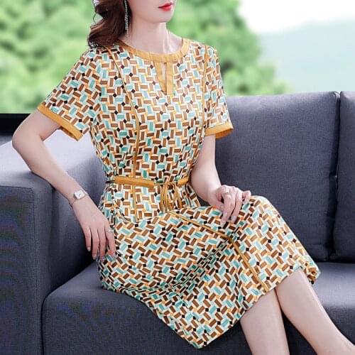 Summer Satin Print Mulberry Silk Vintage Midi Dress 2021 Women New Casual 4XL Plus Size Sundress Elegant Bodycon Party Vestidos