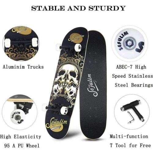 Sefulim 31"x8" Complete Skull Skateboards Outdoor Street Concave Skateboard Gifts Double Kick Penny Skateboard for Boys Beginner