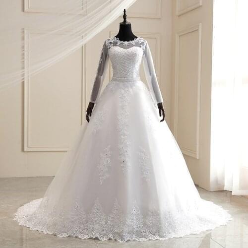 Wedding Dress 2021 With Detachable Train Long Sleeve Illusion Lace Embroidery Princess Luxury Gowns