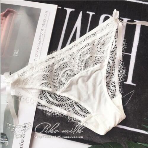 Sexy Floral Embroidered Lace Underwear Women Side Bows Transparent Panties Hollow Out Female Solid Lingerie Hot Briefs S1381