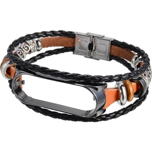 Pohiks Smart Metal Bracelet Leather Weave Strap Braided Watch Band For Xiaomi Mi Band 3/4 Wrist Strap Replacement Accessories