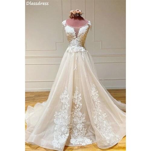 Ivory Evening Dresses 2020 Sleeeless Appliques O-neck A-line Sweep Train Buttons Back Illusion Luxury Prom Dress вечерние платья