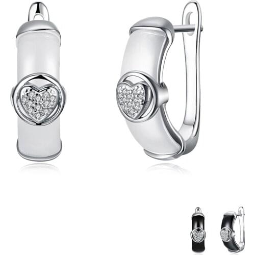 ZEMIOR Ceramics Clip Earring Sterling Silver 925 Jewelry Shining Heart 5A+ Cubic Zirconia Earrings For Women Romantic Gift