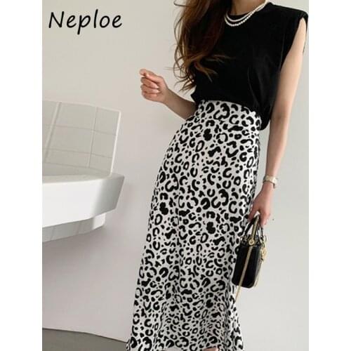 Neploe Light Luxury Temperament O-neck Solid Sleeveless Women T-shirt + Retro Leopard Print Skirts Ladies Summer Suits Female