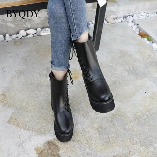 BYQDY Autumn Winter Biker Combat Boots Women Platform Chunky Block High Heel Punk Shoes Punk Buckle Military Mid-calf Boots 39
