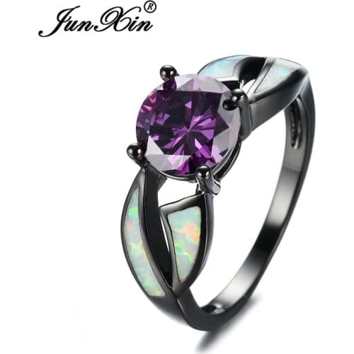 JUNXIN Purple/Blue/Red/Yellow/Pink Round-Cut Zircon Ring Black Gild Filled Opal Rings For Women Fashion Valentines Day Gift