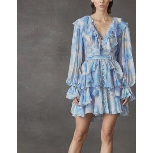 High Quality 2021 Dresses Women Long Sleeve Flower Printed Bluse Dress Sexy V-neck Lantern Sleeve Mini Dress for Women