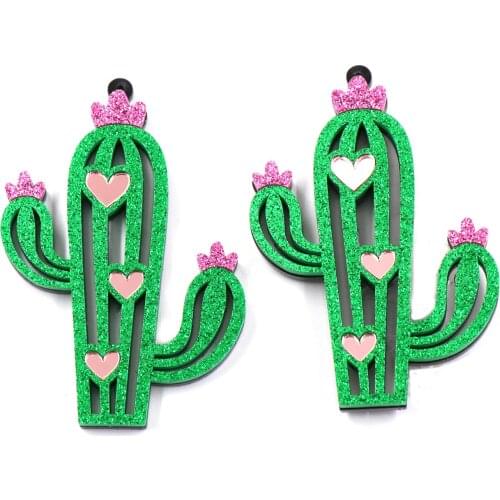 1pair) Cactus For Dangle Earrings Mirror Heart Green Glitter Cactus For Jewelry Accessories
