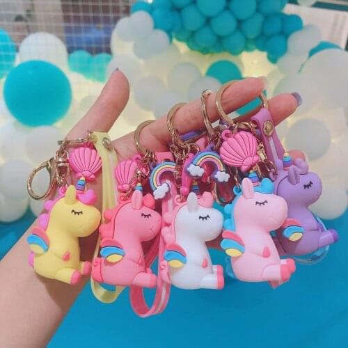 Cartoon PVC Unicorn 3D Keychain Cell Phone Lanyard Unicorn Toy Female Car Key Pendant Bag Backpack Ornaments Girl Kids Xmas Gift