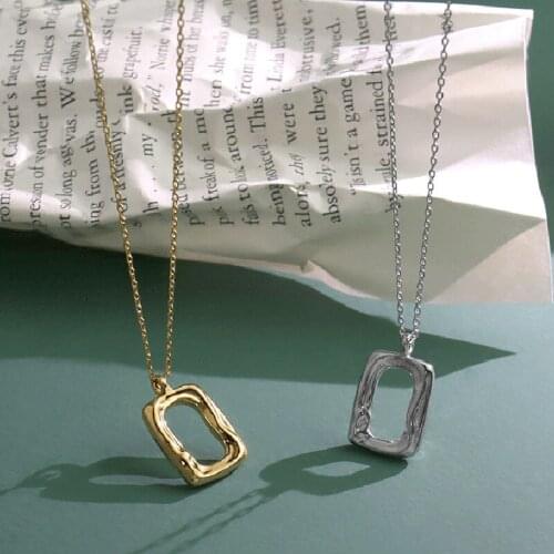 ALLNEWME Korean Fashion Rectangle Pendant Necklace for Women Gold Silver Color Hollow Geometric Brass Chokers Necklaces Gift