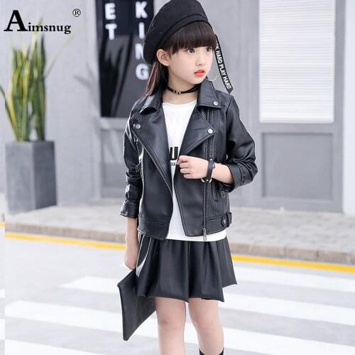 Children Faux Pu Leather Jacket Girls Fashion Zipper Pocket Jackets Long Sleeve Lepal Collar Tops Outerwear Kids Clothing 2021