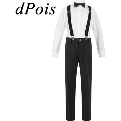 Kids Suits for Boys Bowtie Shirt Suspenders Pants Flower Boys Suit Party Performance Costumes 4Pcs Childrens Gentleman Clothes