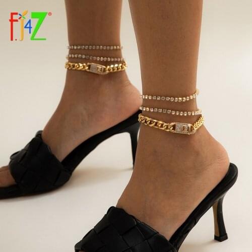 F.J4Z 2021 New Footchains For Women 3layer Rhinestone Chain + Curb Chain Anklets Leg Bracelets Lady Summer Beach Jewelry