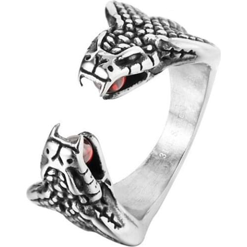 Viking Snake Head Ring Fashion Accessories Stainless Steel Snake Head Red Bead Ring Mens and Womens Ring Viking Jewelry