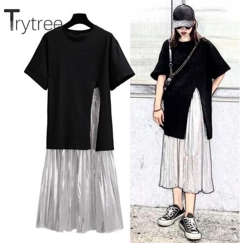 Trytree Summer Autumn Women Casual two piece set Casual Fashion Split Hem tops + skirt Silver pleated Solid Suit Set 2 Piece Set