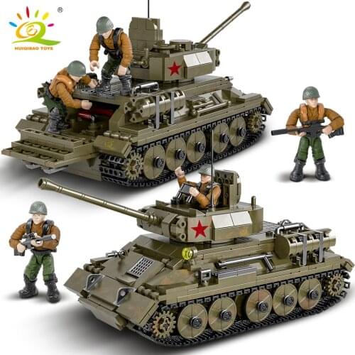 HUIQIBAO 854pcs Military Model Building Blocks WW2 T-34 Medium Tank with 3 Soldier Figures Army Weapon Bricks Toys For Children