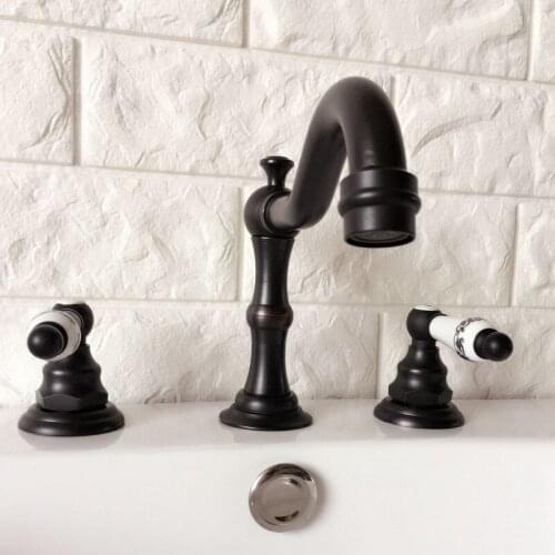 Black Oil Rubbed Brass 2 Ceramic Handle Deck-Mount 3 Hole Widespread Bathroom Lavatory Vessel Basin Faucet Sink Mixer Tap dhg067