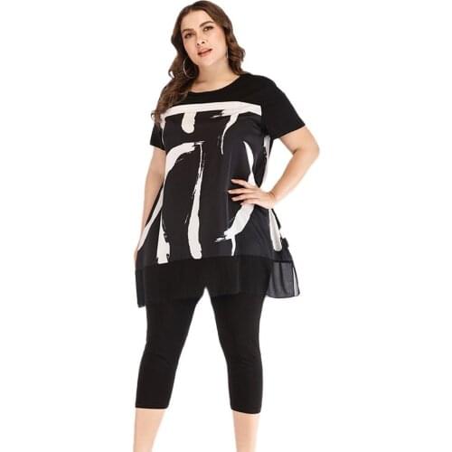 Summer Plus Size Women Clothing Two Piece Set Nine Point Pants Suit Printing Stitching Casual Short Sleeved Sets Womens Outfits