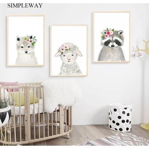 Woodland Floral Animal Wall Art Canvas Cartoon Poster Print Painting Nordic Kids Decoration Picture Baby Nursery Bedroom Decor