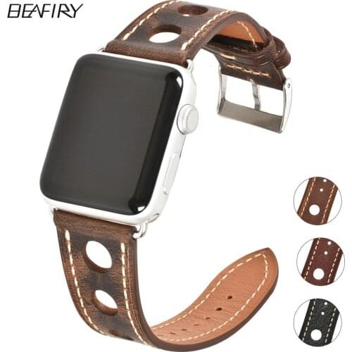 BEAFIRY Oil Tanned Strap for Apple Watch Band 4 5 44mm Hole Design Genuine Leather iwatch Belt 3/2/1 42mm black brown Watchband