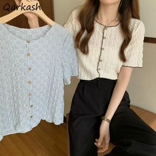 Shirts Women Friends Chic Slim Summer O-neck Fashion Aesthetic Mujer Ulzzang Retro Simple All-match Blusas Preppy Crops Clothing