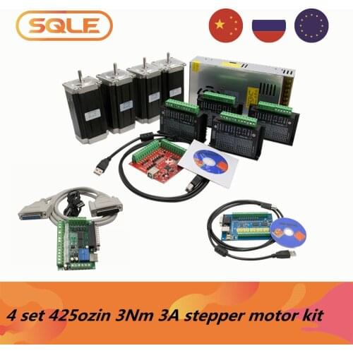 4 set 112mm 3Nm 3A Nema23 stepper motor kit:4 pcs stepper motor & 4 pcs TB6600 driver & power supply & mach3 motion card
