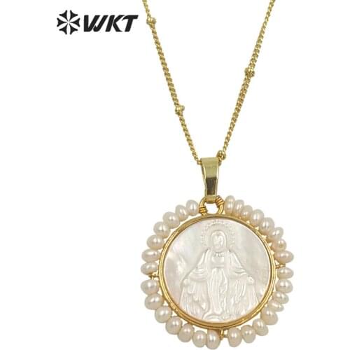WT-JN154 Amazing super Hot handmade white Natural Religious Christian Virgin Mary pendant with tiny pearl around charm pendant