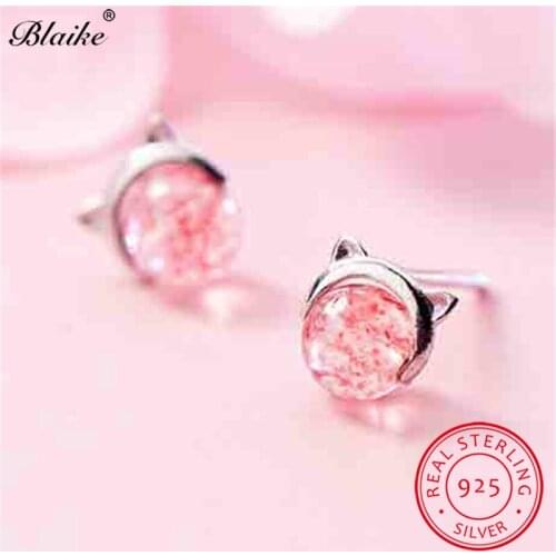Blaike 925 Sterling Silver Earrings For Women Cute Girls Small Cat Stud Earrings Pink Crystal Earring Female Daily Fine Jewelry