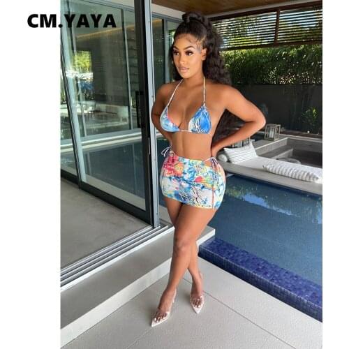 CM.YAYA Women Set Print Sleeveless Bandage Halter Bra Tops Mini Skirts Two 2 Piece Sets Sexy Night Clubwear Summer Outfits 2021