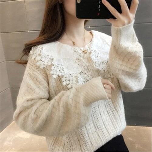 Spring 2021 new autumn sweater female Korean version loose autumn winter outer wear lace collar knit pullover Basic top