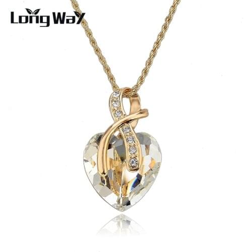 LongWay Fashion Necklaces For Women 2019 Classic Austrian Crystal Heart Pendant Necklace Gold Color Chain Necklace SNE140228