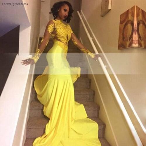 Pretty Yellow African Lace South African Prom Dress Mermaid Long Sleeve Banquet Evening Party Gown Custom Made Plus Size