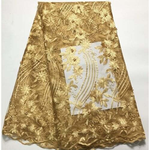 Gold African Lace Fabric 2021 High Quality Lace with Bead 5 Yards AM44272 Wide Embroidery Nigerian Lace Fabric for Sewing Dress