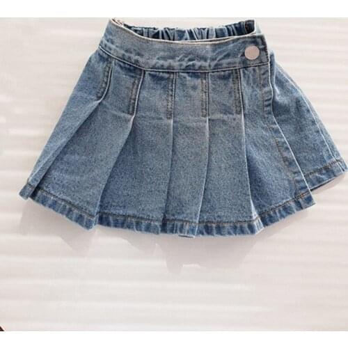 2021 Blue Solid Pleated Denim Skirts for Kids Teenage Girls with Shorts Safety Hot Pants Children Outfit Baby Children Clothes