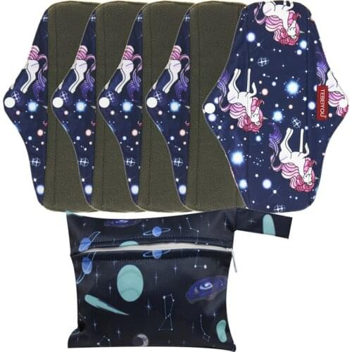 5pcs/Set Bamboo Charcoal Reusable Washable Women Sanitary Napkin With Wings Cloth Pads Menstrual Absorbent Breathable+Wet Bag