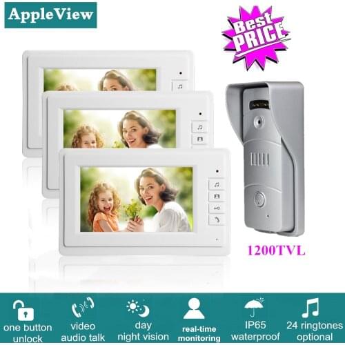 7 Inch Wired Video Intercom System With 1200TVL Video Doorbell IR Sensor + 3 Indoor Monitors One Key Unlock for Home Security