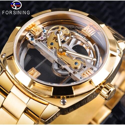 Forsining Golden Male Mechanical Watch Transparent Skeleton Automatic Gear Self Winding Stainless Steel Belts Reloj Hombre Clock